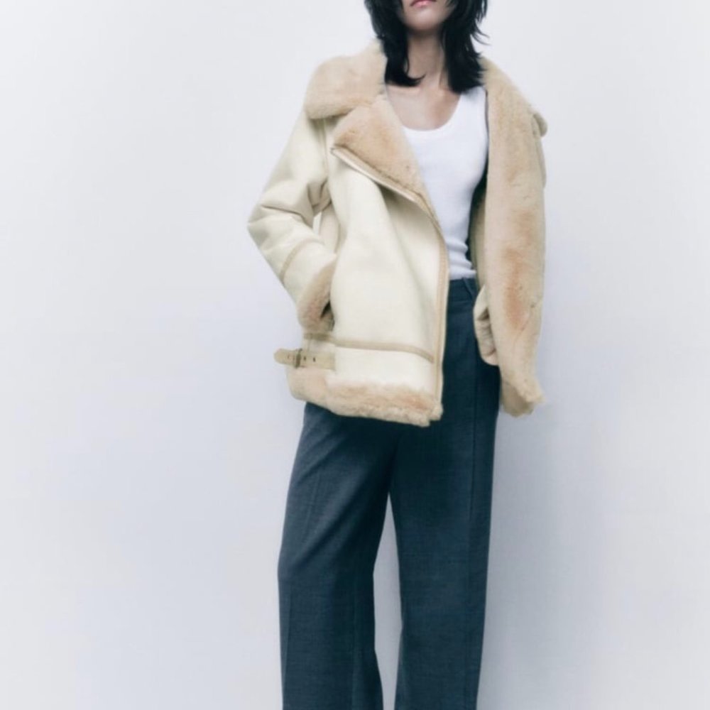 ZARA Women's Faux Suede Double Faced Long Jacket(Ecru, US L/EUR L) - Picture 2 of 16